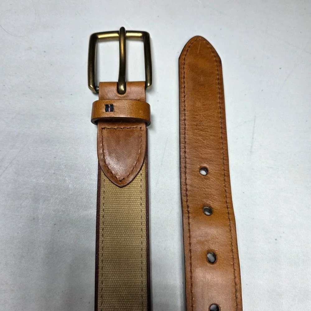 Tommy Hilfiger Mens Tan Leather Canvas Ribbon Belt Size 40 Preppy Classic Khaki